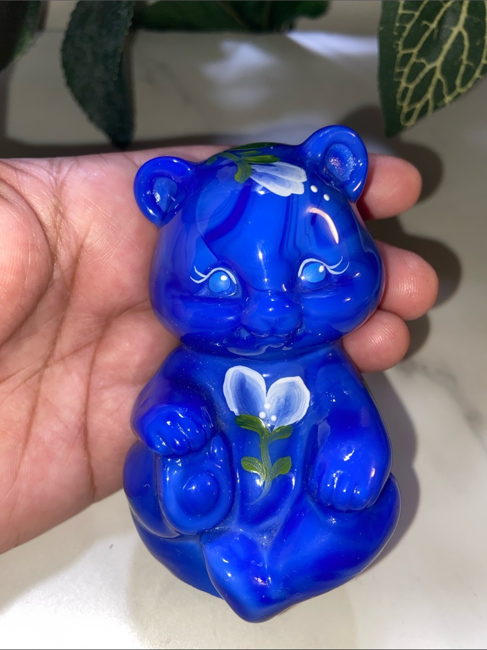 Fenton Art Glass Hand-Painted Blue Bear Figurine with Floral Sign Paper Weight